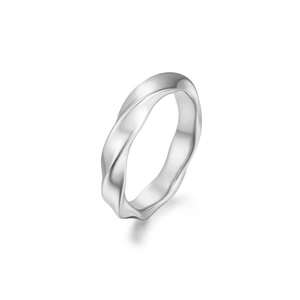 Modern polished stainless steel Mobius ring featuring a minimalist spiral design for couples