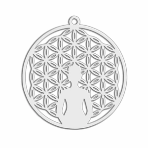 Colgante flor de la vida calado con figura de meditación en acero inoxidable plateado
