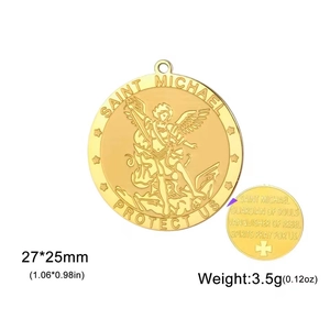 Golden Saint Michael religious pendant with prayer engraving, 27x25mm round medal charm
