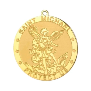 Golden Saint Michael protection pendant with embossed archangel and star edge design