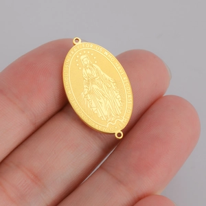 Detailed view of gold Virgin Mary connector pendant for necklaces and bracelets