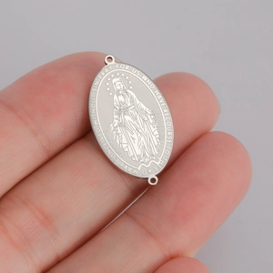 Oval stainless steel Virgin Mary miracle medal pendant with detailed religious engraving
