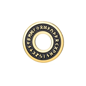 Golden stainless steel round pendant with Nordic Elder Futhark runes on black enamel