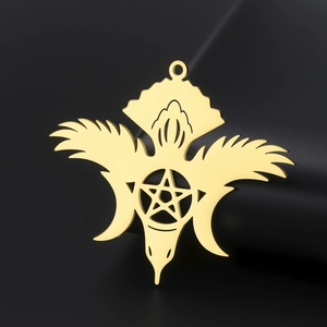 Golden mystical bird pendant with pentagram star on textured black leather background