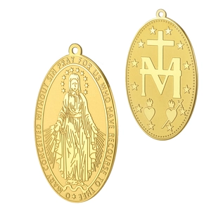 Golden Miraculous Medal pendant in stainless steel with religious engraving on white background