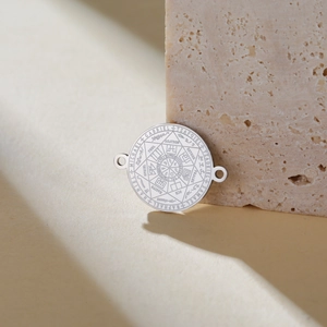 Macro detail of Seven Archangels compass pendant with Michael and Gabriel engravings