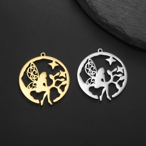 Colgante de Acero Inoxidable Redondo Hueco Hada Duende Rama de Árbol Estrella para Hacer DIY Collar Pendientes Joyería