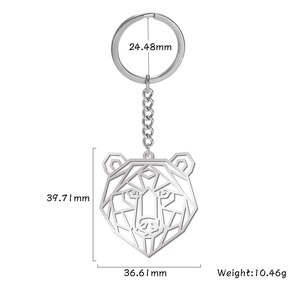 Geometric hollow bear head metal keychain with dimensions and weight 10.46g display