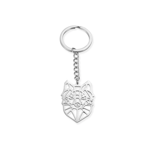 Polished stainless steel keychain with a geometric hollow wolf head pendant in silver