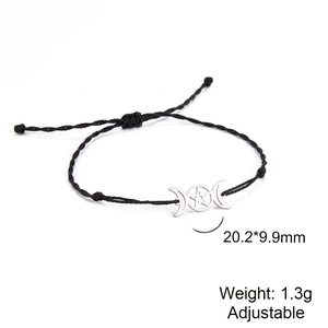 Verstellbares schwarzes Kordelarmband mit silbernem Dreifachmond-Göttin- und Pentagramm-Anhänger