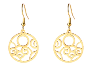 Detail of gold circular earrings with wave patterns and decorative metal bead hooks