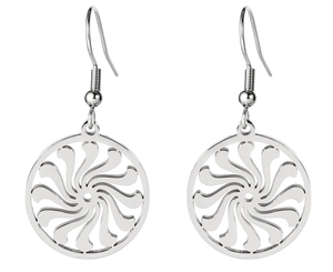 Detailed macro view of silver hollow circular hoop earrings with radial filigree design