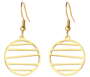 Detailed view of gold geometric hoop earrings with hollow circular design and hook