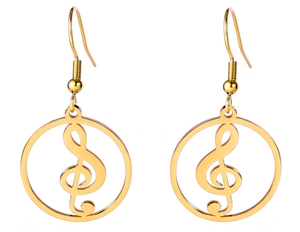 Detail of golden treble clef hoop earrings featuring elegant musical note design charms