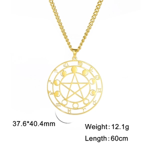 Collana con ciondolo rotondo traforato stella e luna in acciaio inossidabile dorato