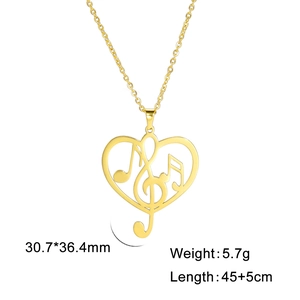 Collana in acciaio inossidabile dorato con ciondolo a cuore e nota musicale donna