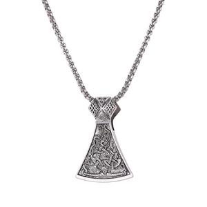 Antique silver Thor's hammer axe pendant necklace with intricate Nordic Viking engravings