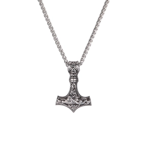 Vintage silver Thor's Hammer Mjolnir pendant necklace with Viking knotwork on wheat chain