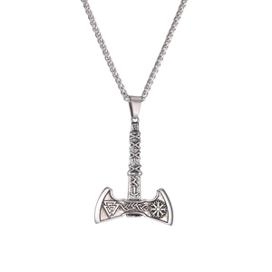 Retro viking double-headed axe pendant necklace in stainless steel with valknut carvings