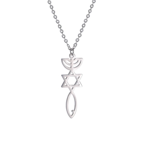 Messiaans zegel hanger ketting met menora en davidster in zilver roestvrij staal