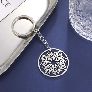 Octagon mandala pendant keychain in polished silver stainless steel with hollow pattern