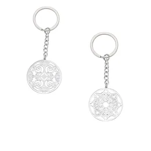 Pair of silver stainless steel keychains featuring intricate hollow geometric patterns