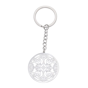 Minimalist stainless steel keychain with an intricate hollow scrolled floral pattern pendant