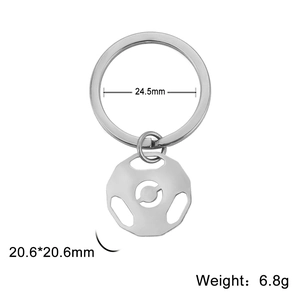 Stainless steel barbell plate keychain with sports theme pendant and size dimensions