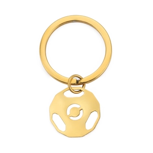 Polished golden barbell pendant keychain in stainless steel with flat key ring