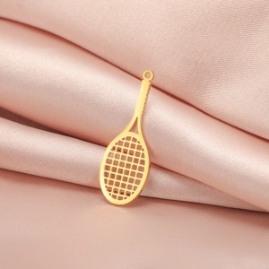 Golden stainless steel tennis racket pendant on pink silk background for DIY jewelry