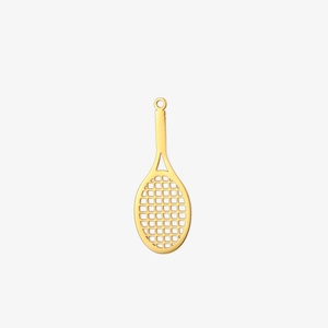 Macro detail of high-polish golden stainless steel tennis racket pendant with hollow grid