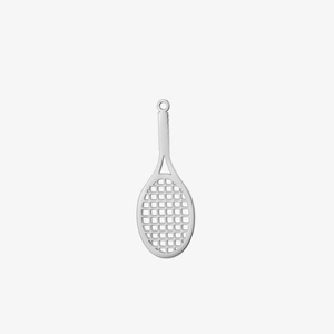 Detailed close-up of a silver stainless steel tennis racket pendant with hollow mesh