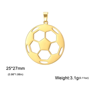 Golden stainless steel soccer pendant with hollow design and product dimensions display
