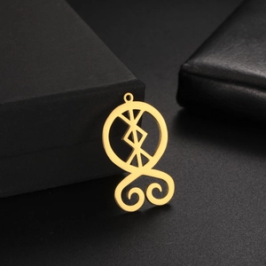 Golden stainless steel troll cross pendant with sacred geometry runes on black box