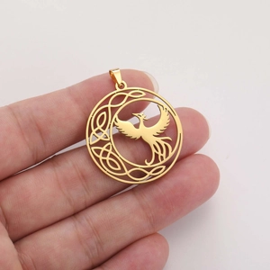 Golden phoenix pendant with crescent moon and Celtic knot design, circular hollow style