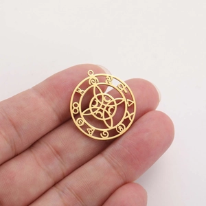 Golden stainless steel Wiccan moon pendant with zodiac symbols and geometric design