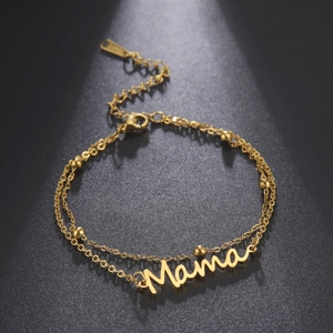 Pulsera de doble capa en acero inoxidable dorado con colgante Mama y cuentas