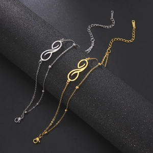 Tobillera con Colgante de Infinito de Acero Inoxidable para Mujer Cadena de Doble Capa con Cuentas de Metal Bañado en Oro Plata Elegante