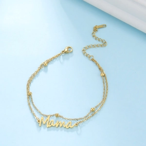 Tobillera de doble capa de acero inoxidable bañada en oro de 18K con colgante Mama y perlas