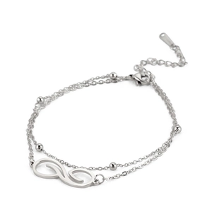 Pulsera de doble capa con símbolo infinito plateado con cuentas pulidas y cierre de langosta