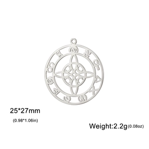 Macro detail of stainless steel witch knot moon pendant with dimensions 25x27mm