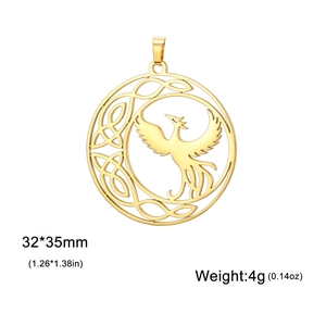 Golden phoenix pendant with crescent moon and Celtic knot patterns, size 32x35mm