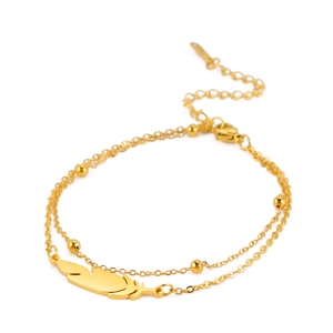Tobillera de doble capa en acero inoxidable chapado en oro 18K con colgante de pluma