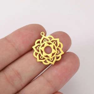 Detailed macro view of an 18K gold-plated mandala lotus flower pendant for jewelry DIY