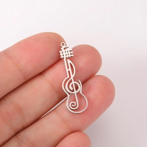 Polished stainless steel guitar and musical note pendant for DIY jewelry making