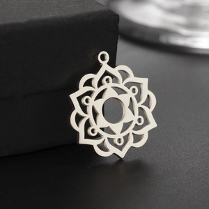 Intricate hollow mandala sun flower pendant in polished stainless steel for DIY jewelry
