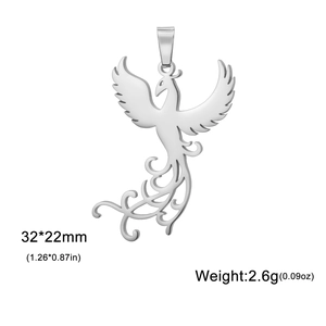 Dettagli del ciondolo fenice con dimensioni 32x22mm e specifiche di peso da 2,6g