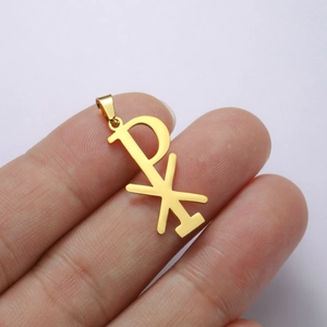 Detailed view of a gold-plated Chi Rho pendant for DIY jewelry making necklaces