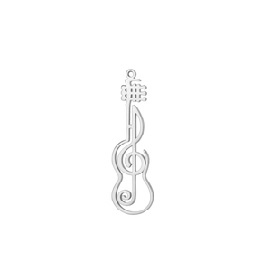 Detailed view of silver guitar pendant with treble clef design and hollow mesh headstock