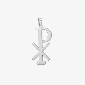 Macro shot of silver Chi-Rho symbol pendant made of high-quality stainless steel